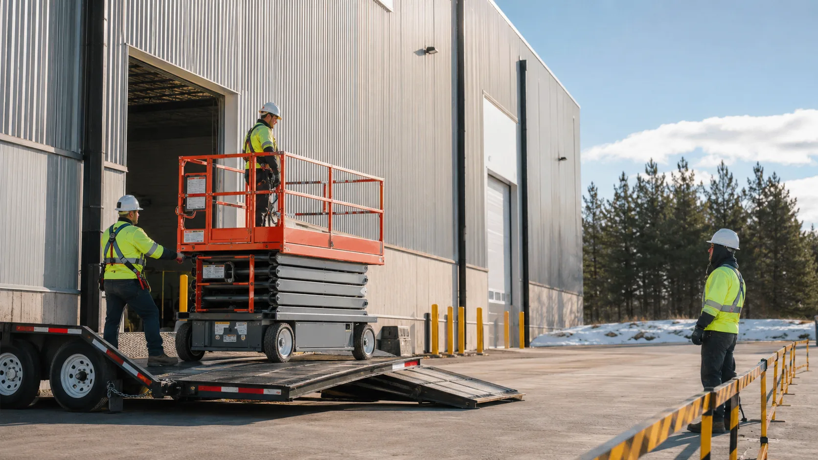 Team unloading a scissor lift at a industrial building in Canada