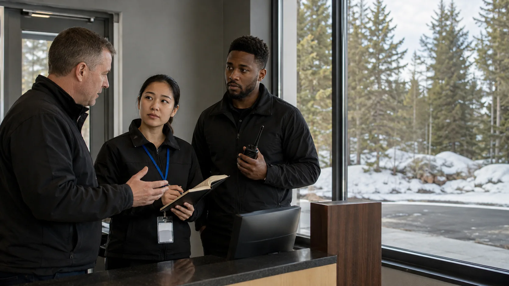 Security trainees rehearse calm access control with radios and incident notebooks in Canada
