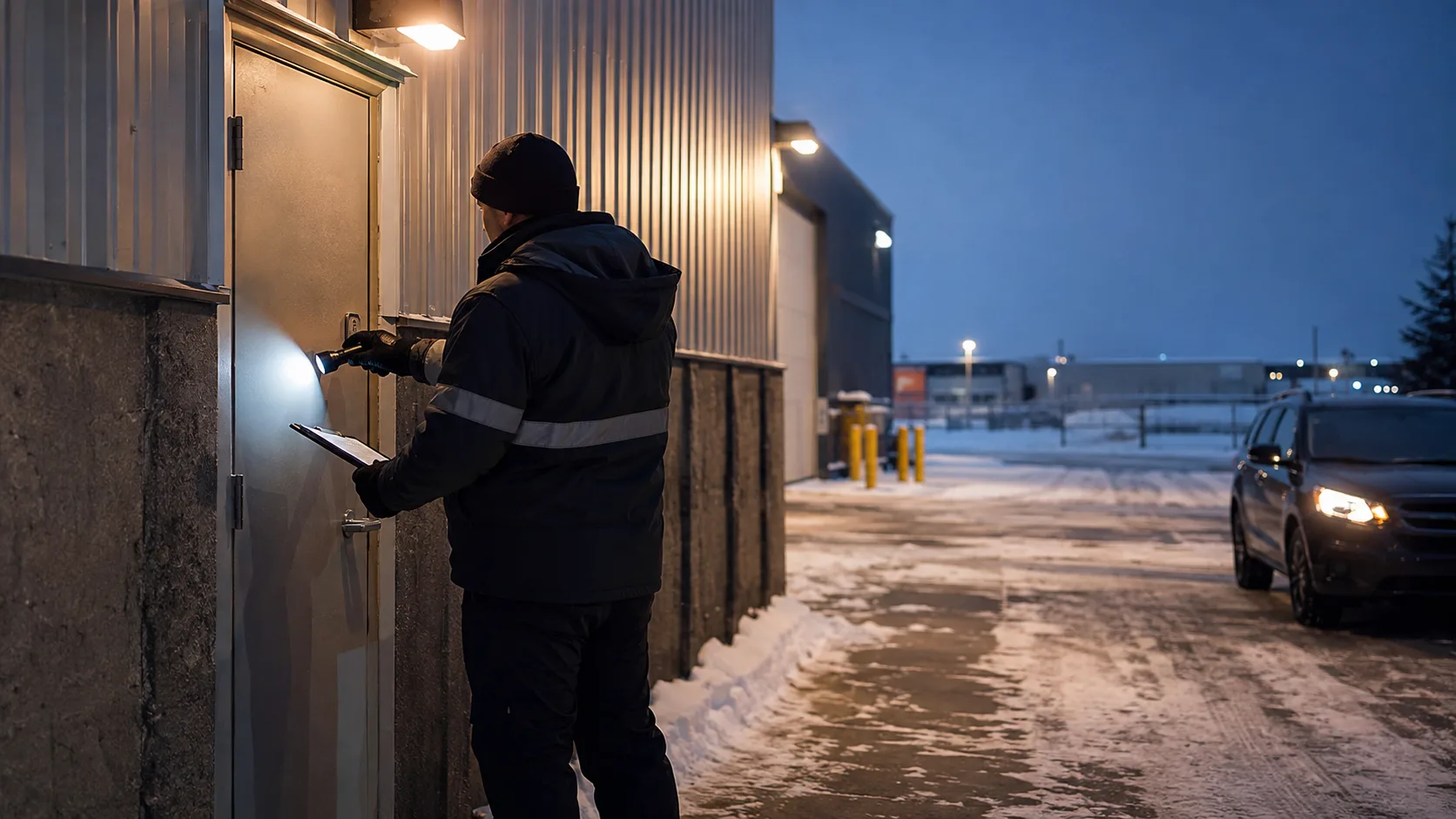 A patrol officer checks a door with a clipboard outside a snowy Canadian unit