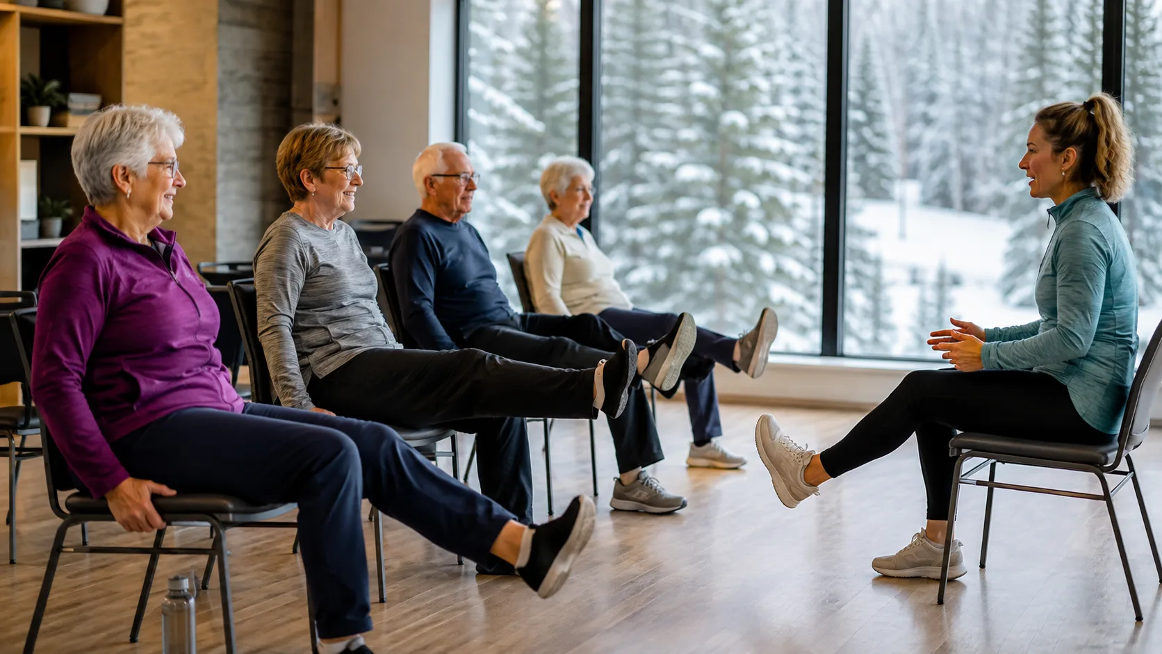Older adults attend an indoor low-impact class during winter in Canada