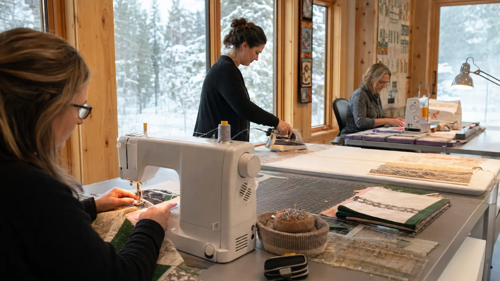 A tutor guides makers using sewing machines in an active dressmaking class in Canada