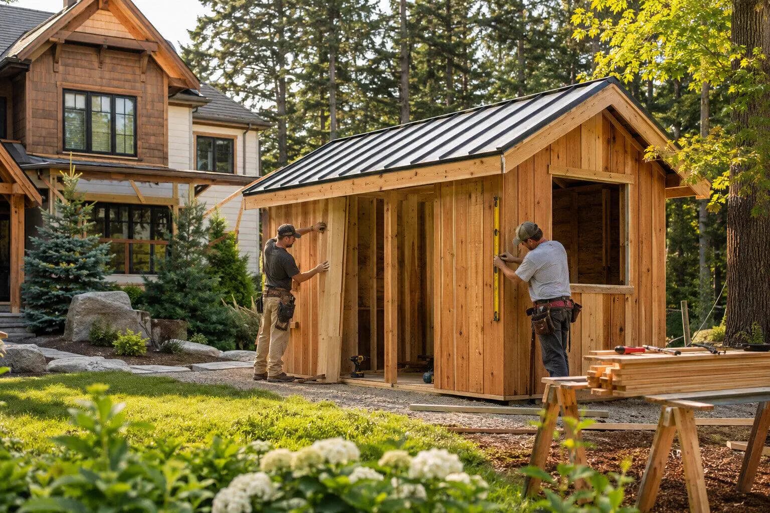 A crew standing a steel shed frame on a poured pad in Canada