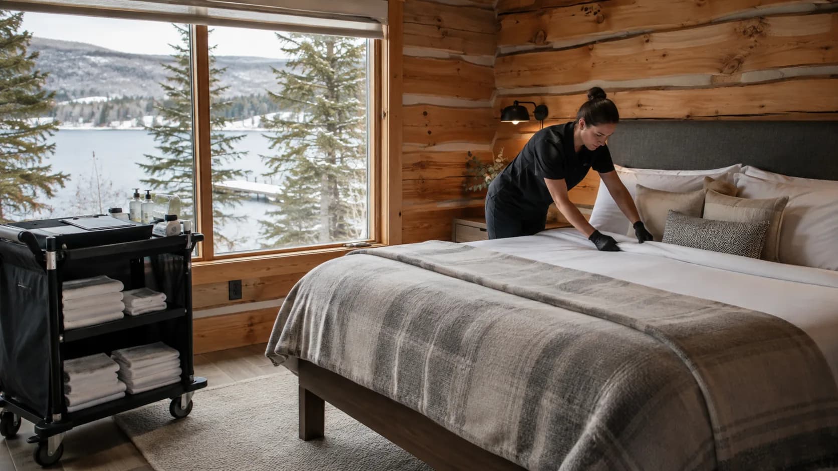 A turnover cleaner making up a bed in a short-stay property in Canada