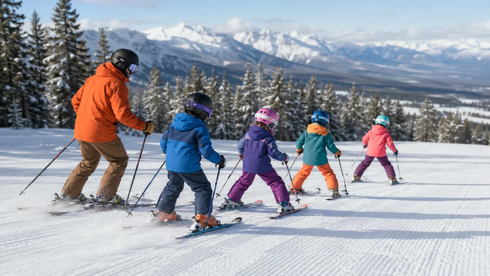 Instructor leading young skiers through a resort learning zone in Canada