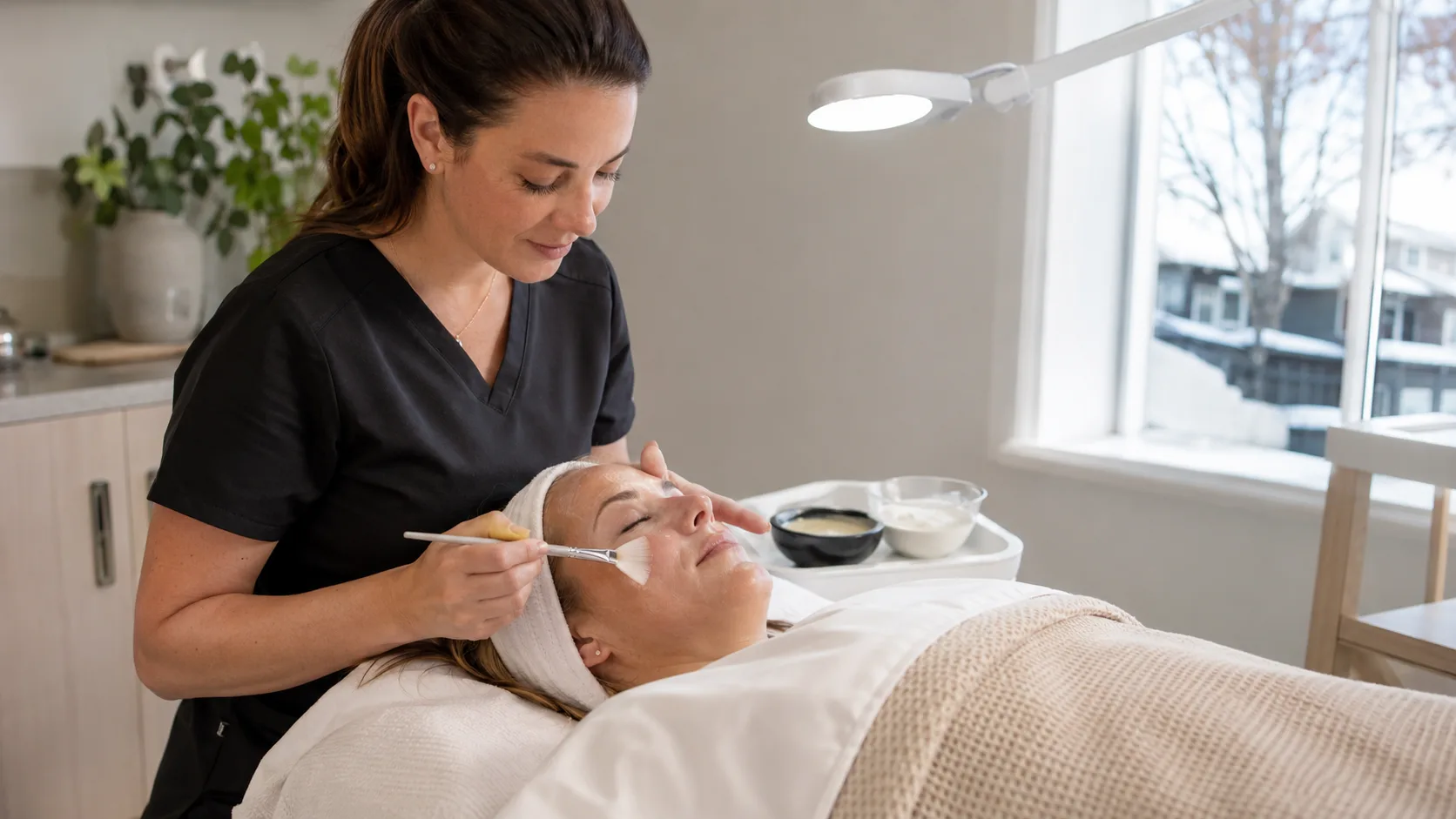 Esthetician applying a facial mask for a client inside a winter-lit studio in Canada