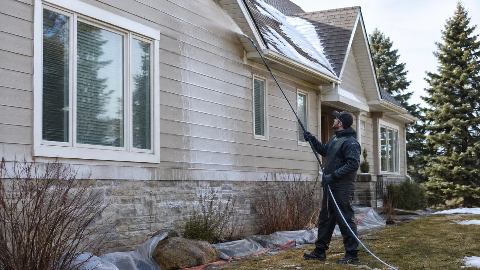 A soft washing operator treating a house roof at low pressure in Canada