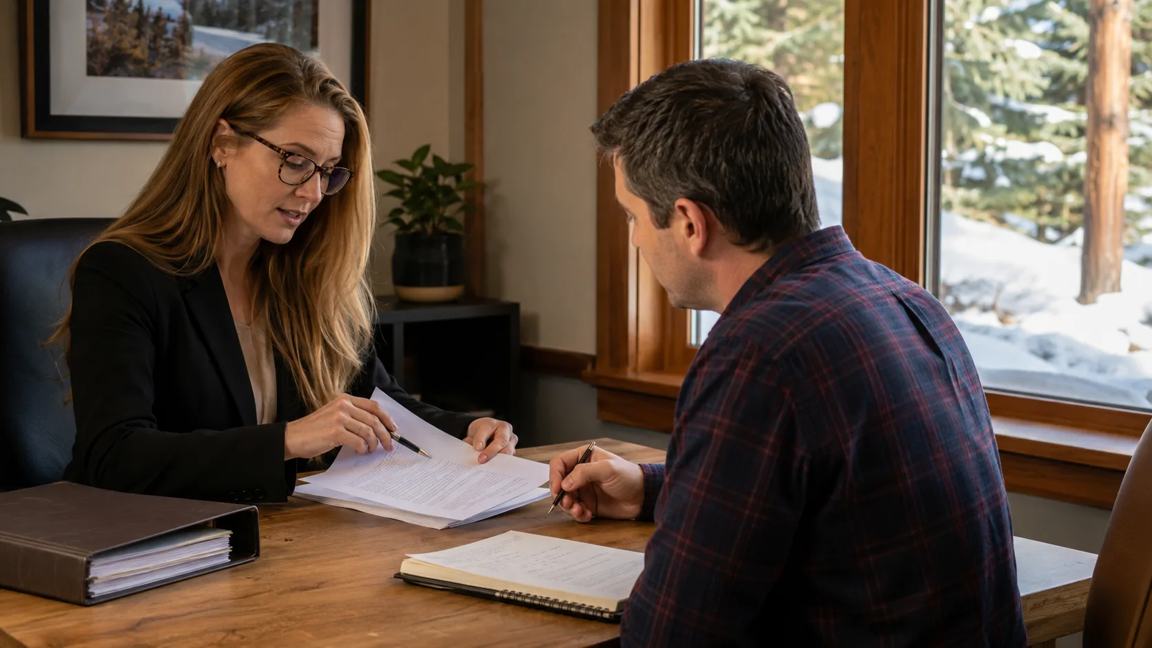A solicitor discusses a legal document with a client in Canada
