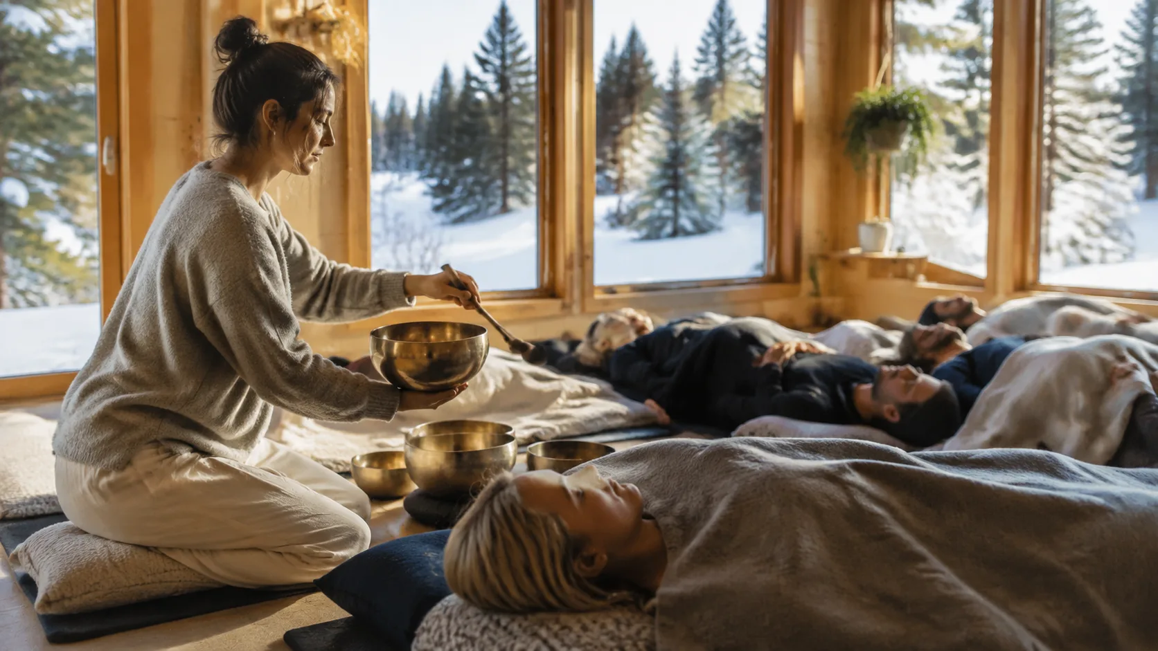 A warm sound bath sound or breathwork session takes place during winter in Canada