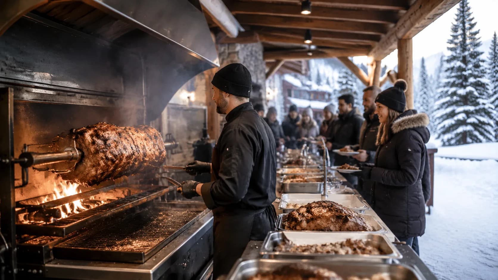 barbecue team serving steaming roast outside a winter lodge in Canada