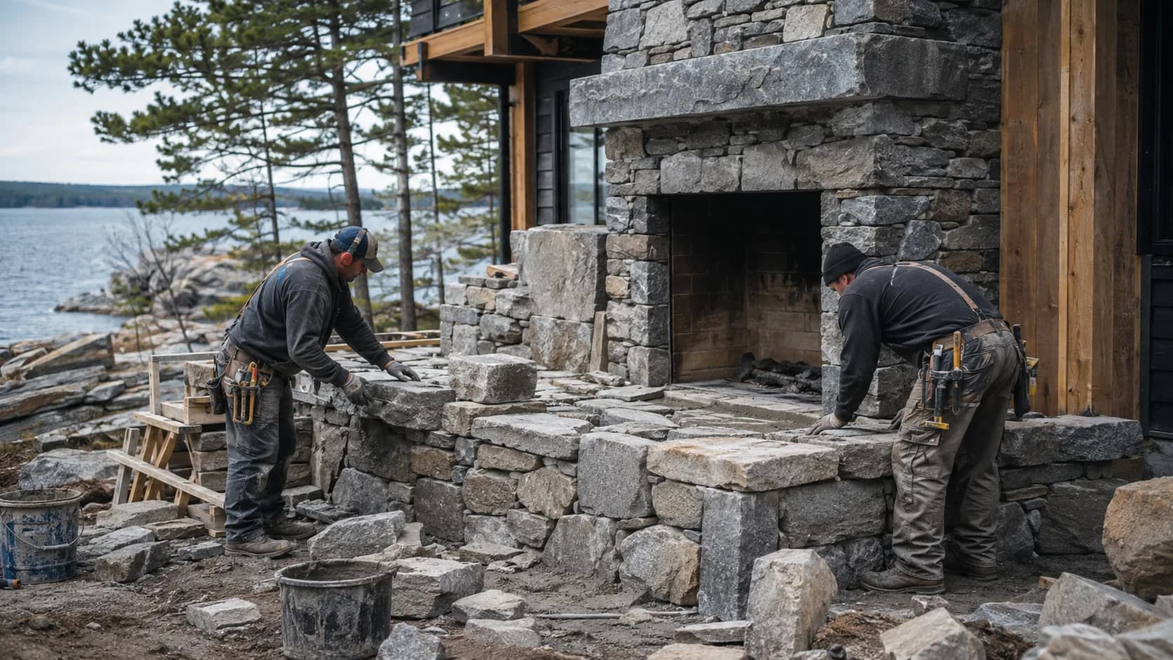 A stonemason dressing a block on site in Canada
