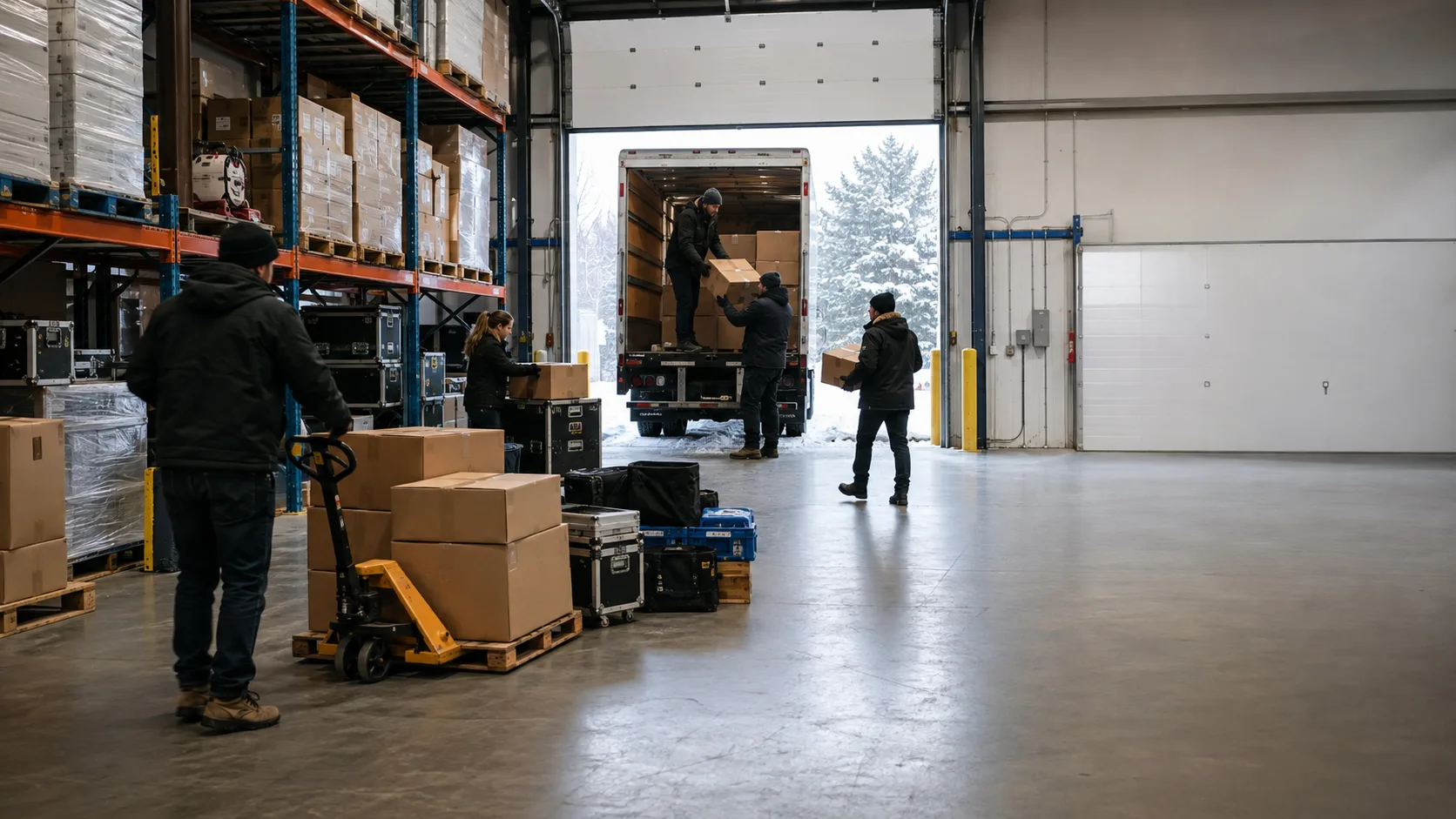 Staff guide a hirer through an active warehouse storage bay