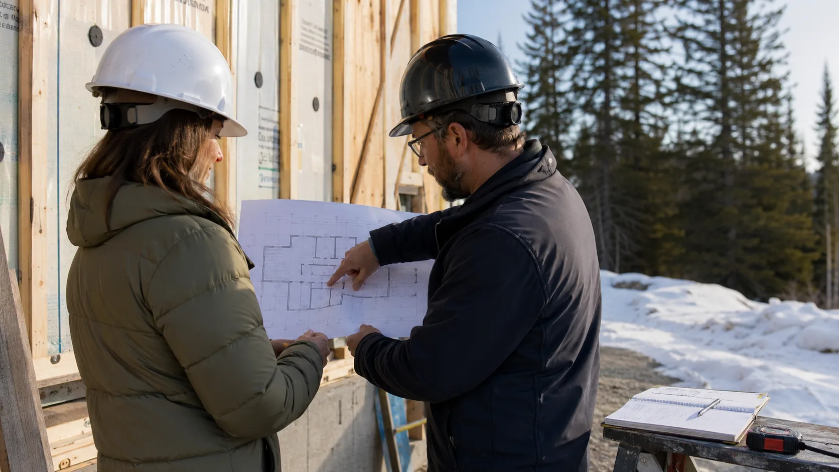 A structural engineer inspects a building connection on site in Canada