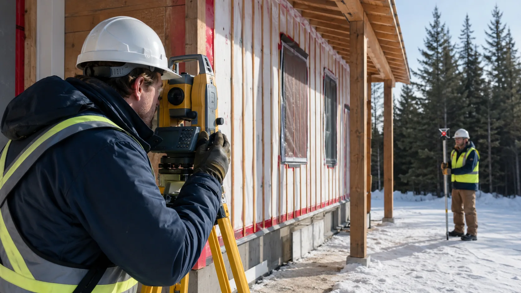 A surveyor takes site measurements using professional equipment in Canada