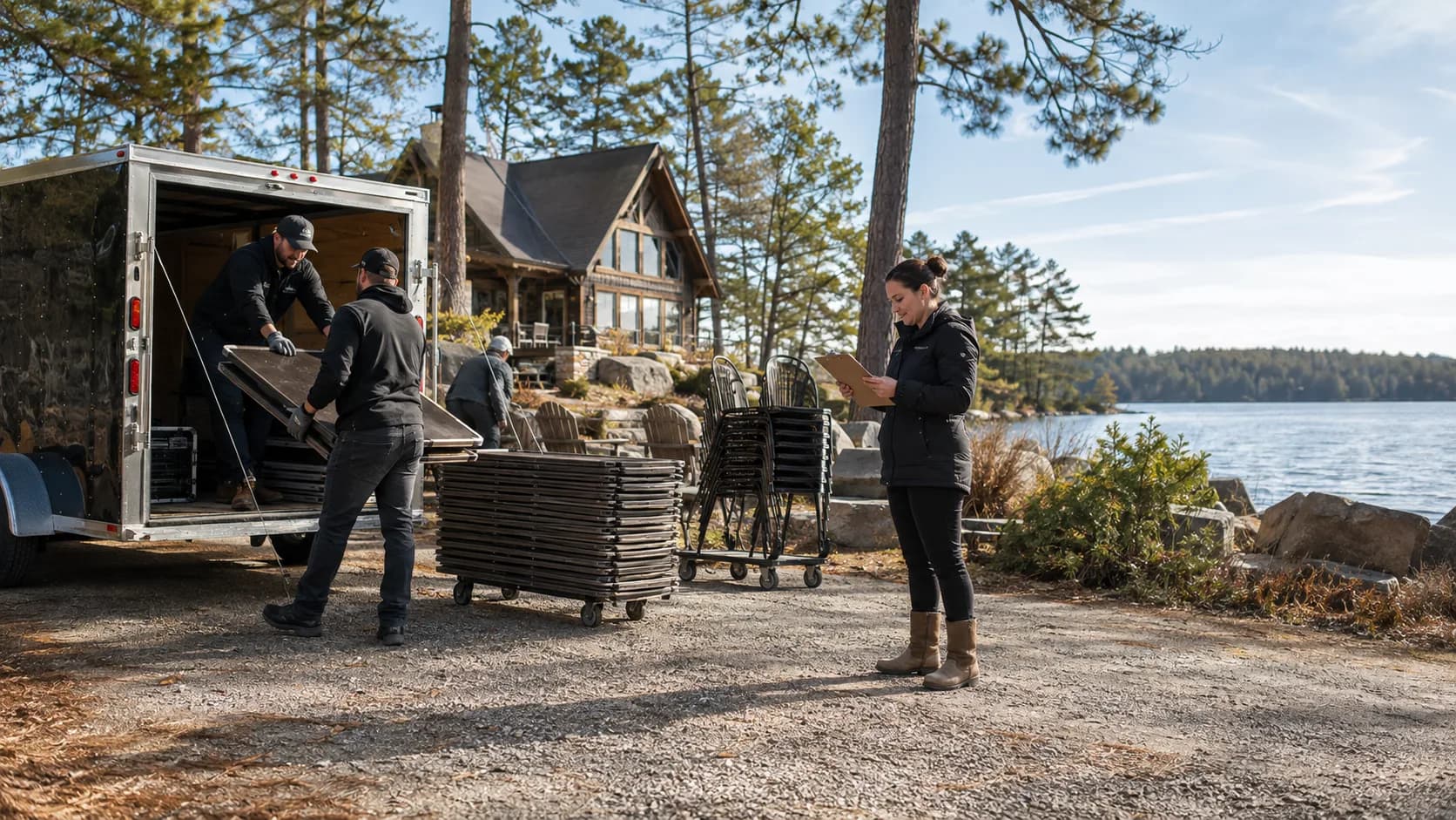 Team delivering tables and chairs to a lakeside venue in Canada