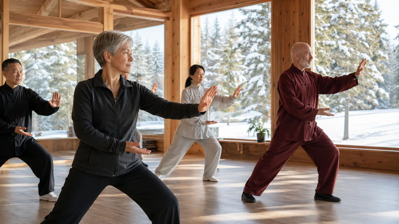 Adults attend an indoor winter tai chi class in Canada