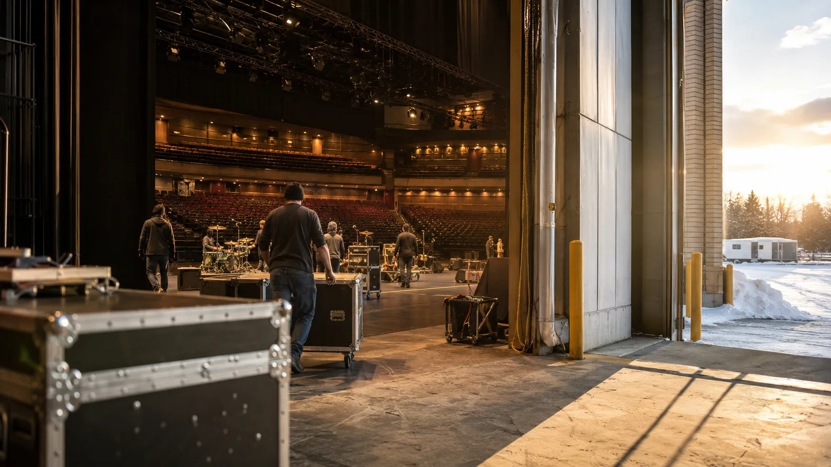 Performers load into a bright Canadian theatre on a winter morning