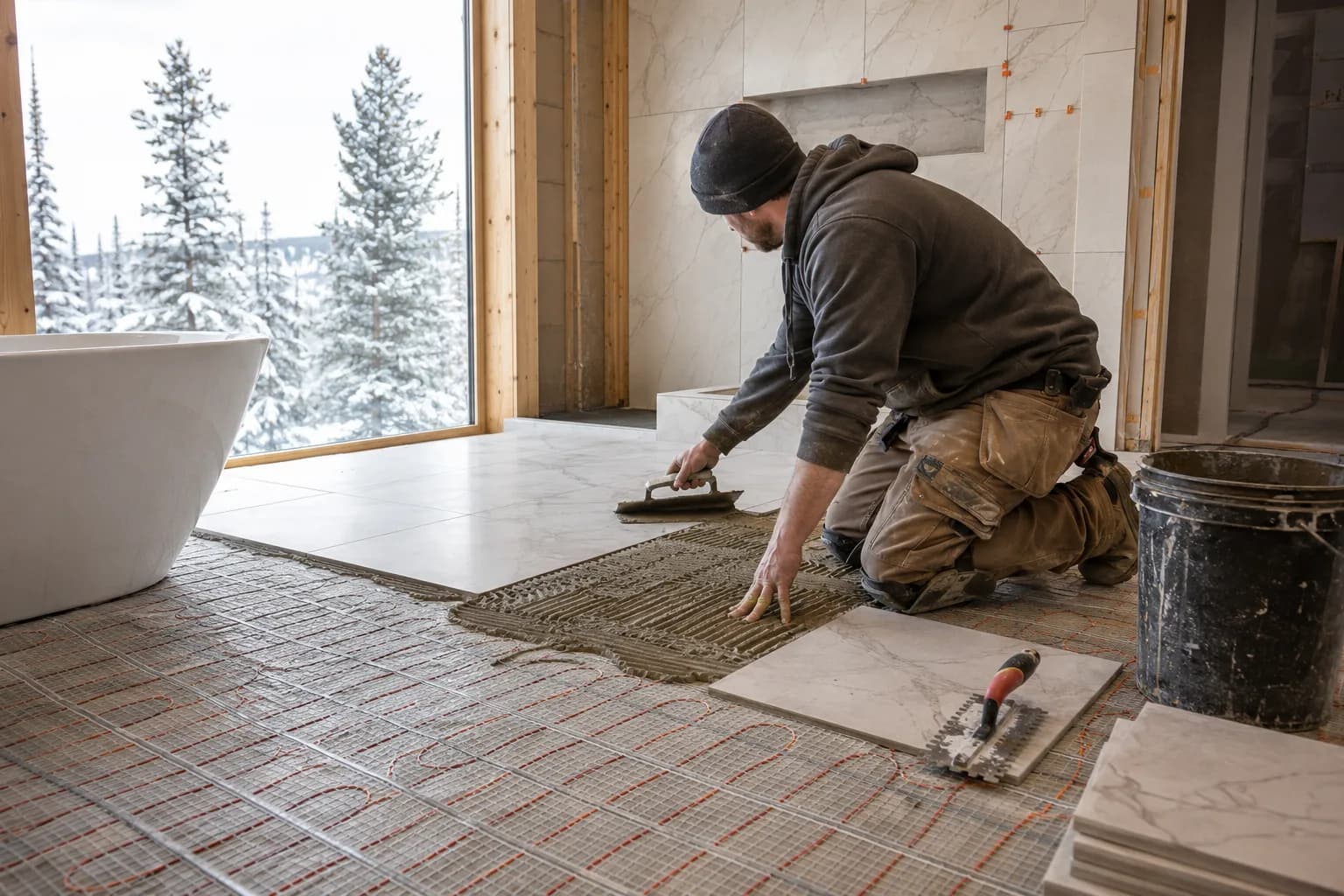 A tiler laying a bathroom floor in Canada