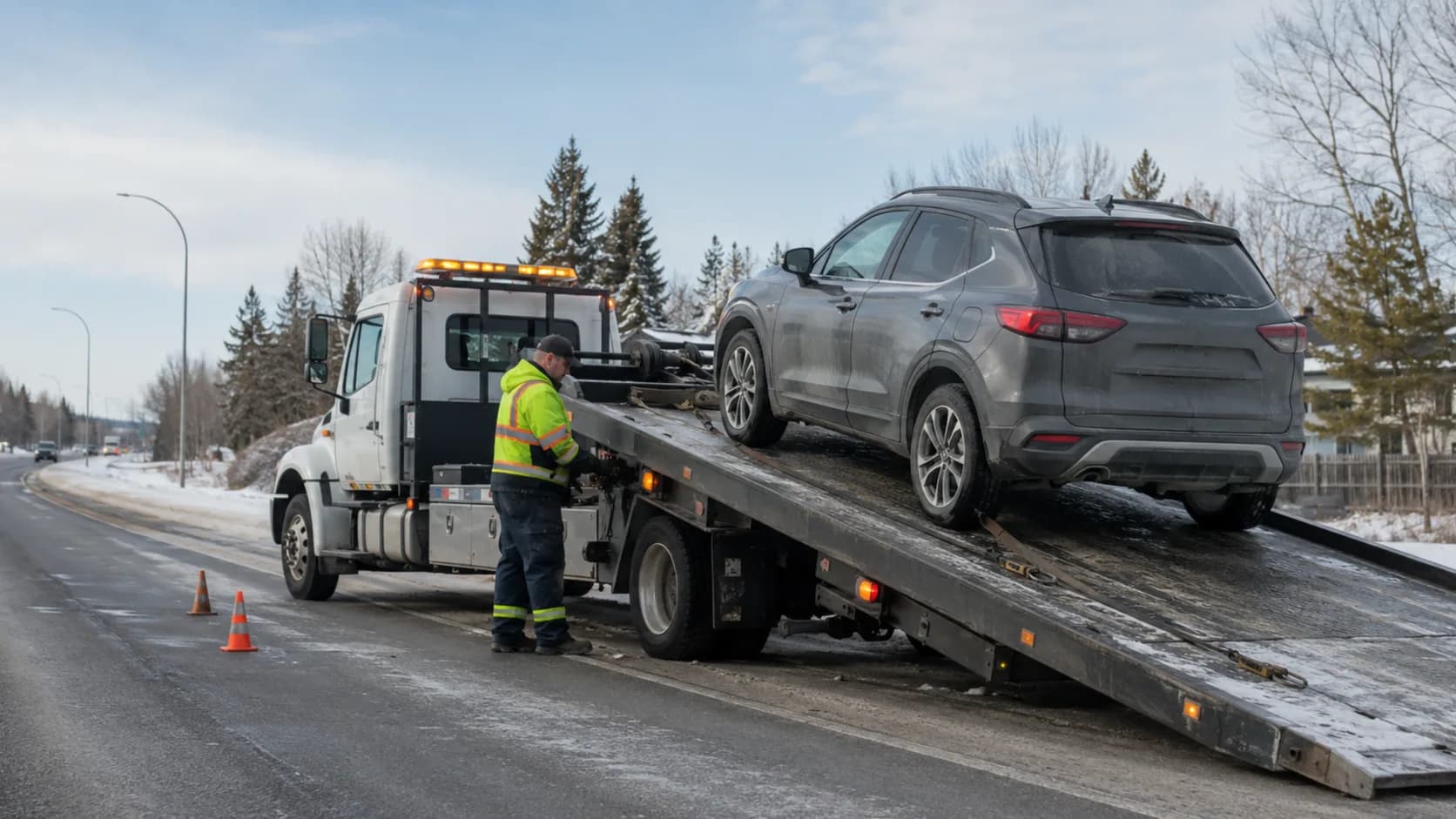 A flatbed loads a car outside a Canadian dealership lot with snow banked up