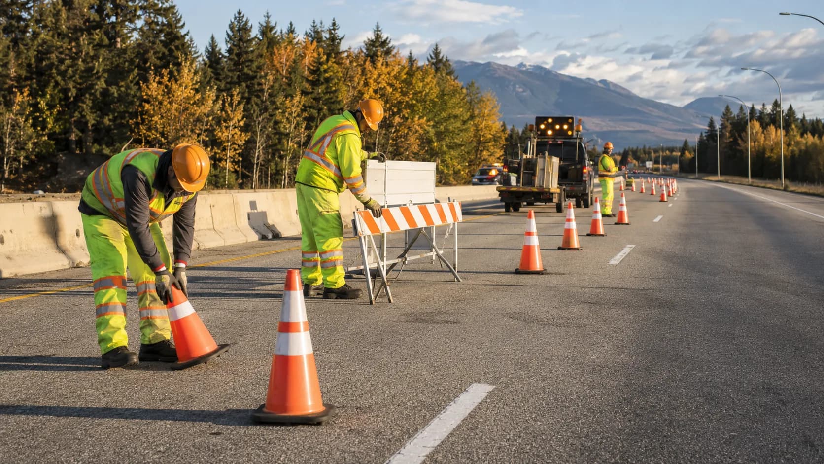 A traffic control crew working a lane closure in Canada