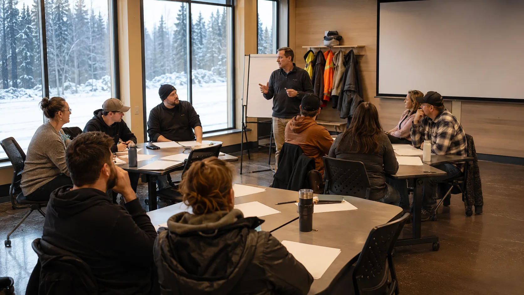 A facilitator leads an occupied training session around flexible tables