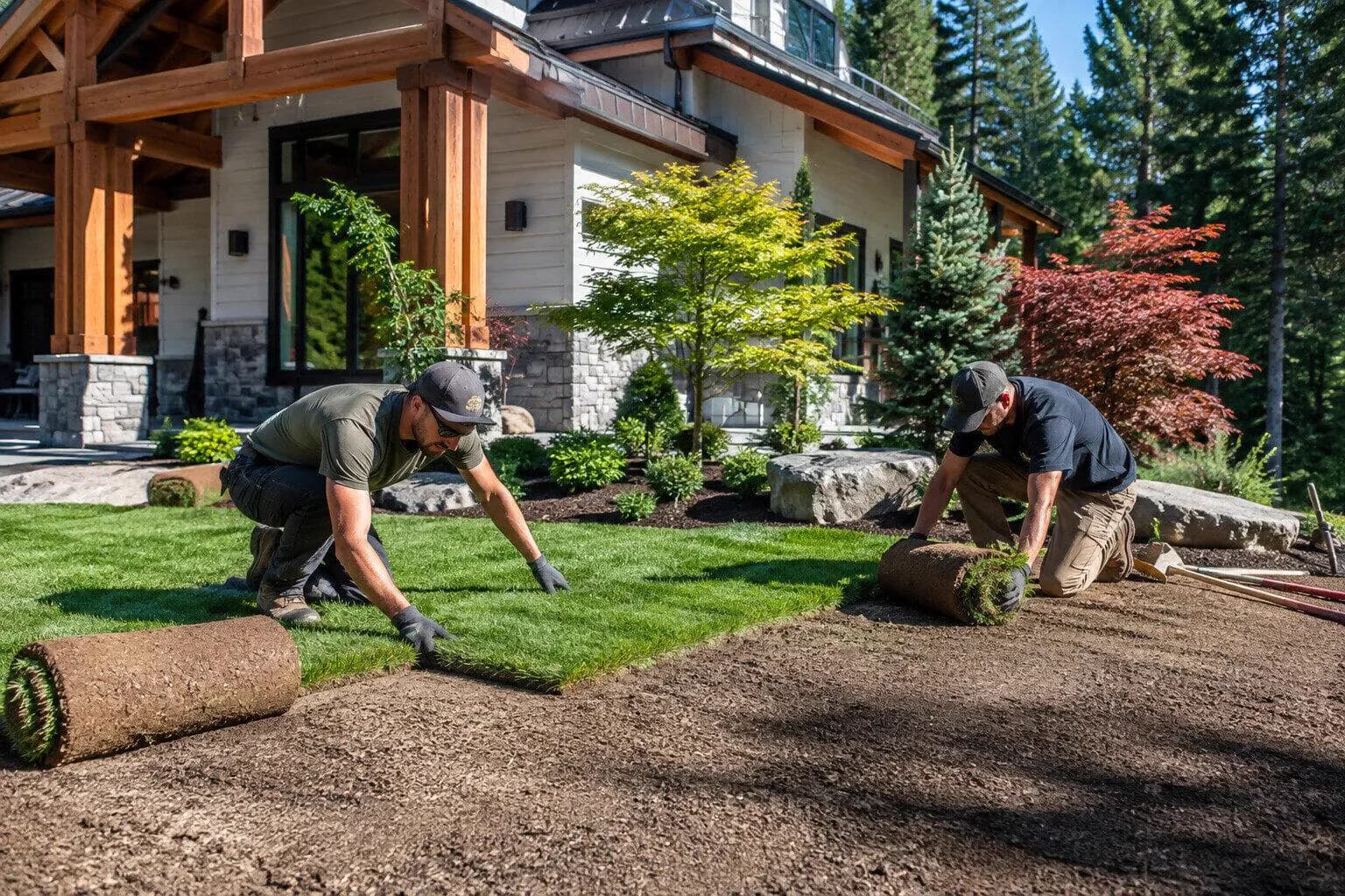 A crew rolling out new lawn over prepared ground in Canada