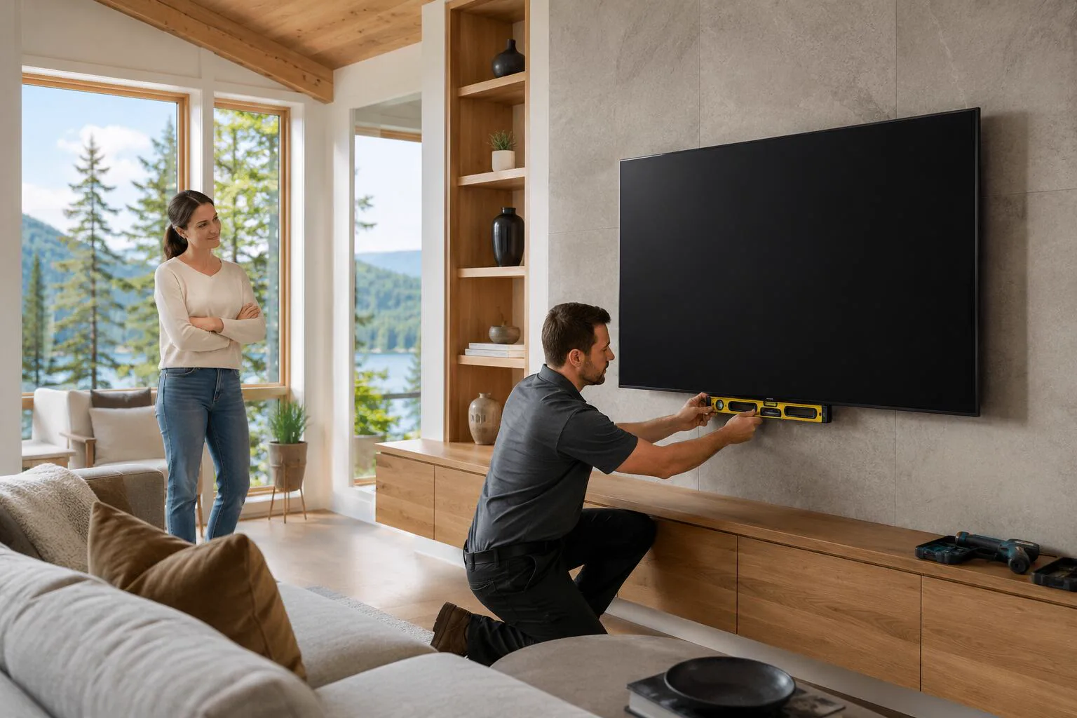 An installer mounting a flat screen on a wall in Canada