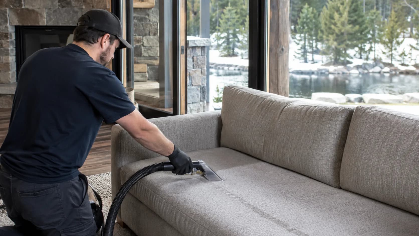 A technician steam-cleaning a fabric sofa in Canada