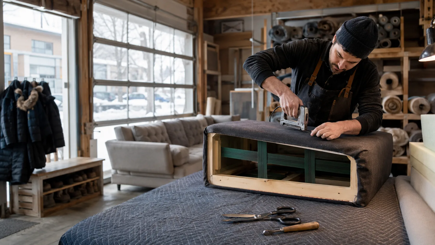 An upholsterer re-covering a chair in a workshop in Canada