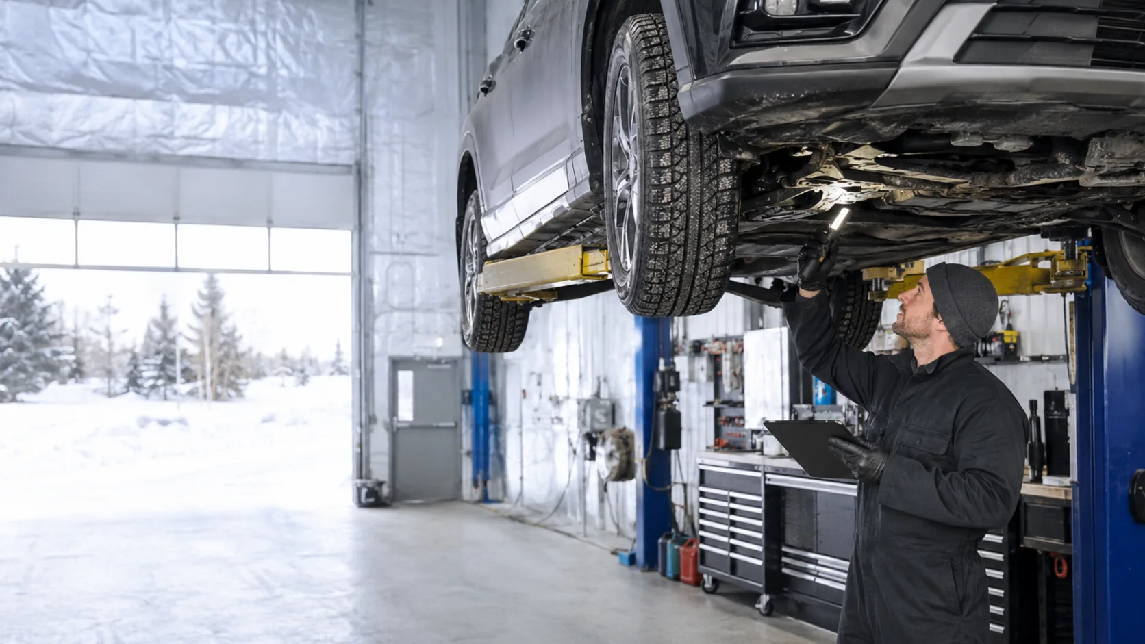 An inspector under a raised SUV on a hoist, snow visible through the open bay door