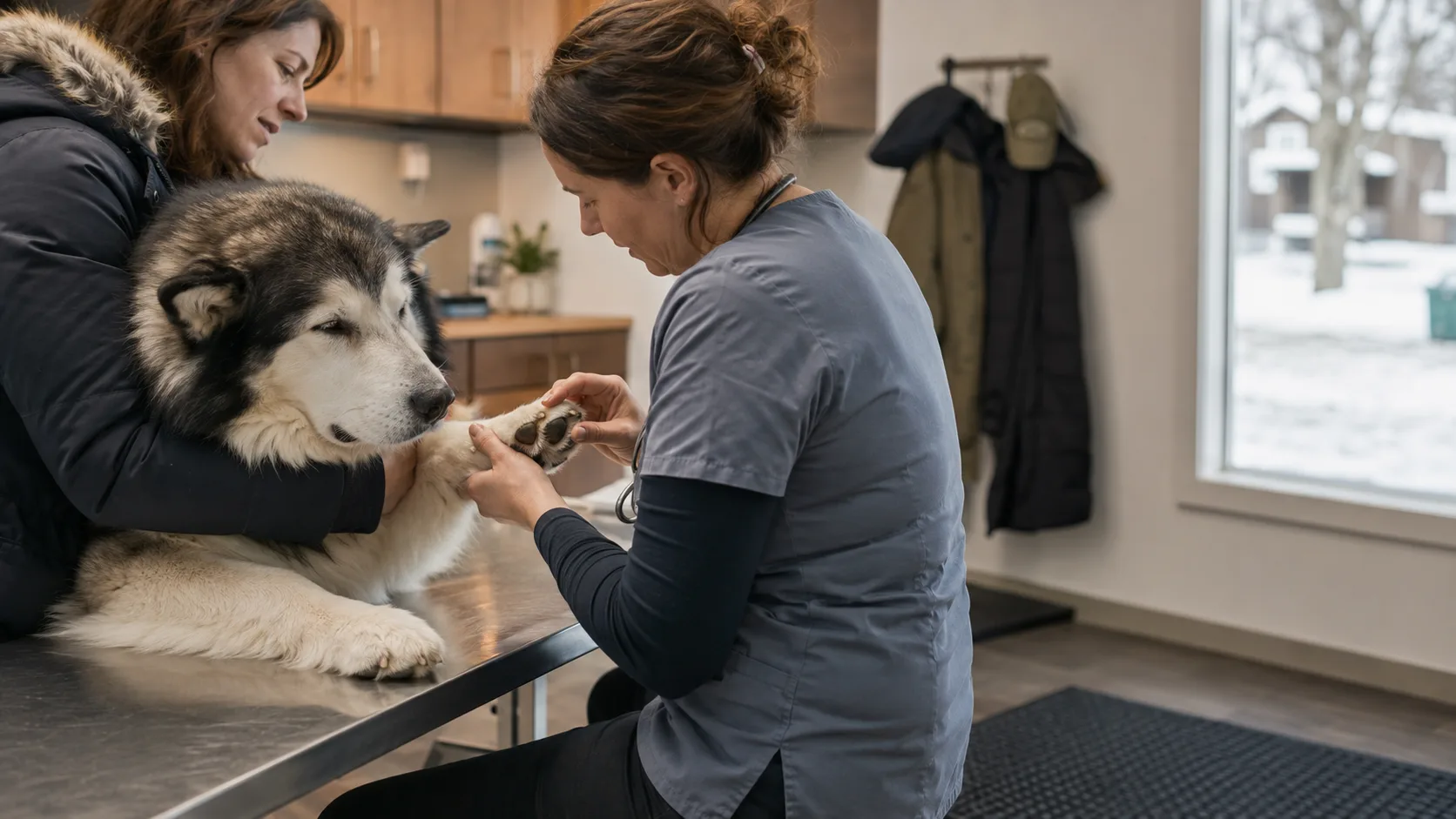 A vet trims a large dog’s claws while the owner holds it in a Canadian clinic