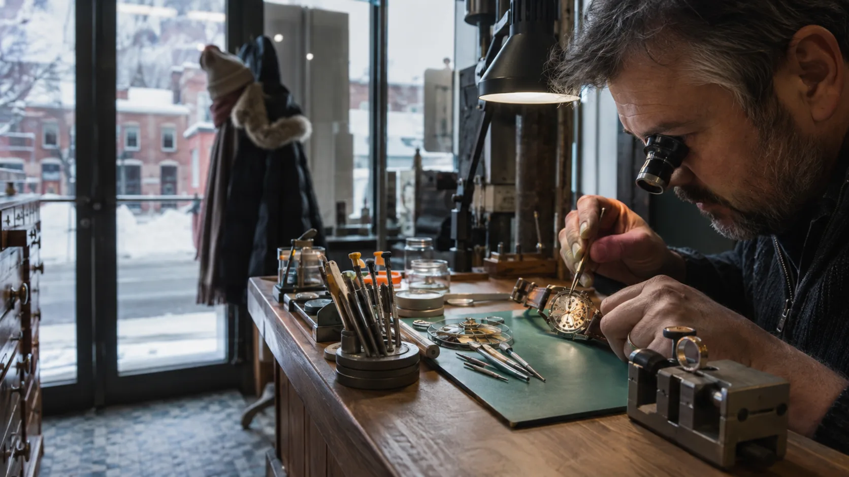 A repairer working on a watch movement at a jeweller's bench in Canada