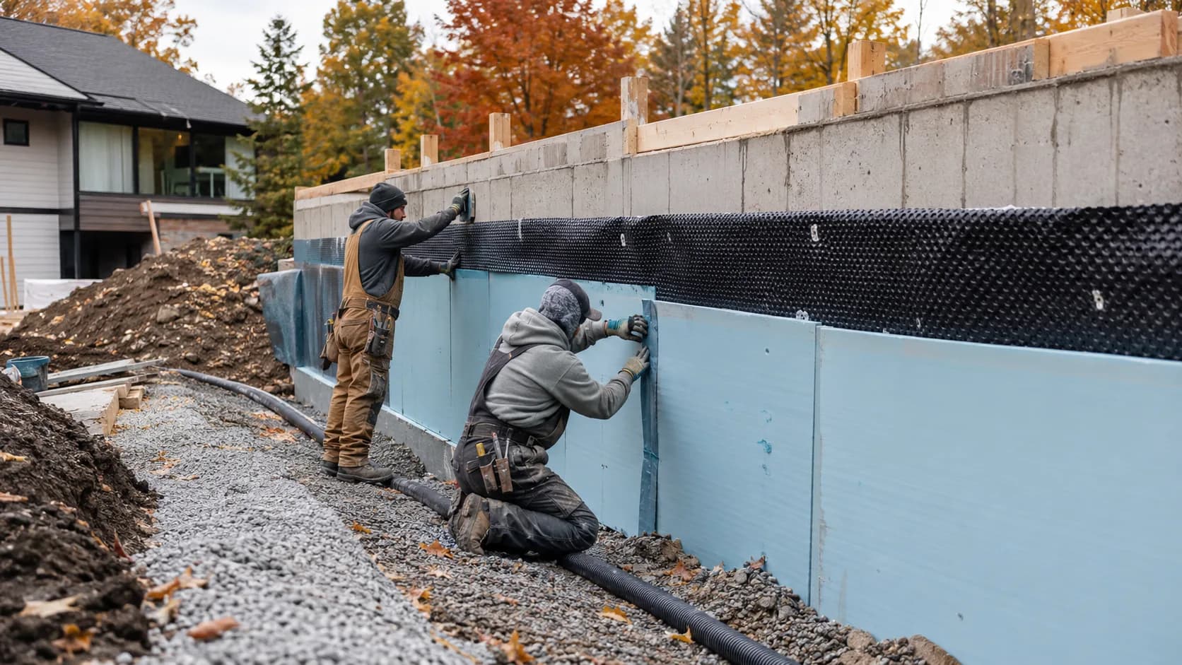 A waterproofer rolling membrane onto a bathroom floor in Canada