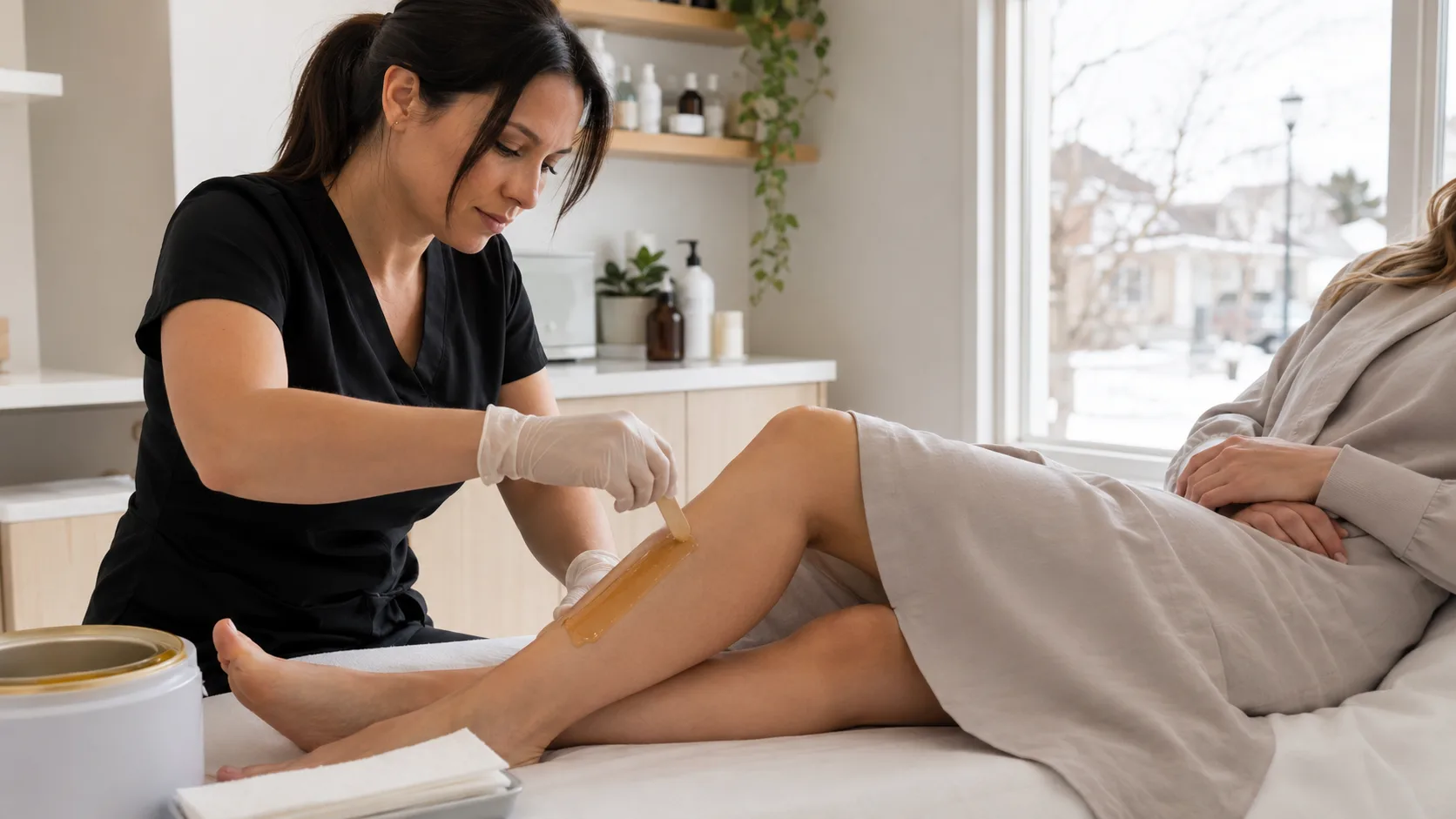 Esthetician applying leg wax for a client inside a winter-lit studio in Canada