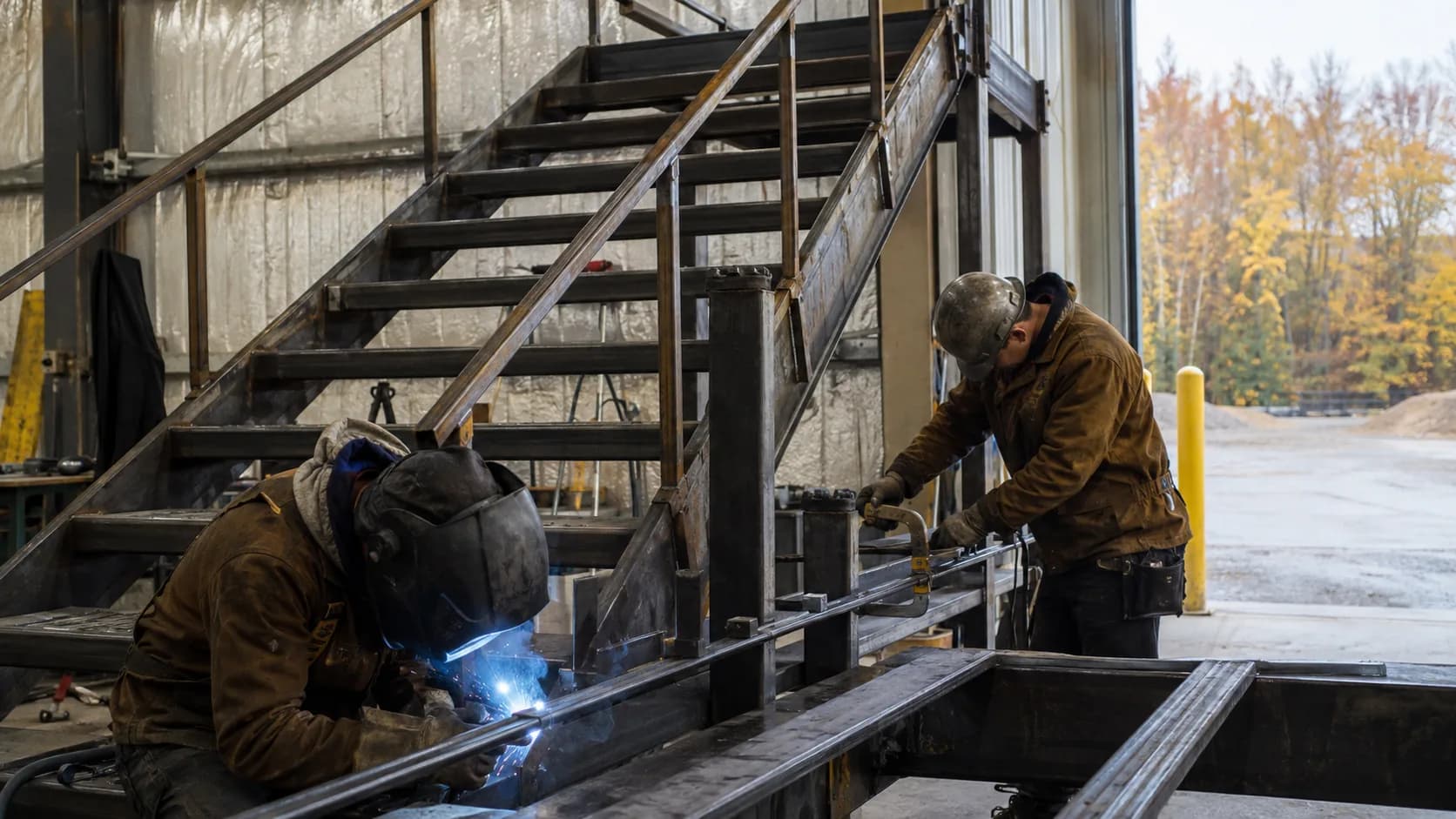 A welder joining steel in a fabrication workshop in Canada