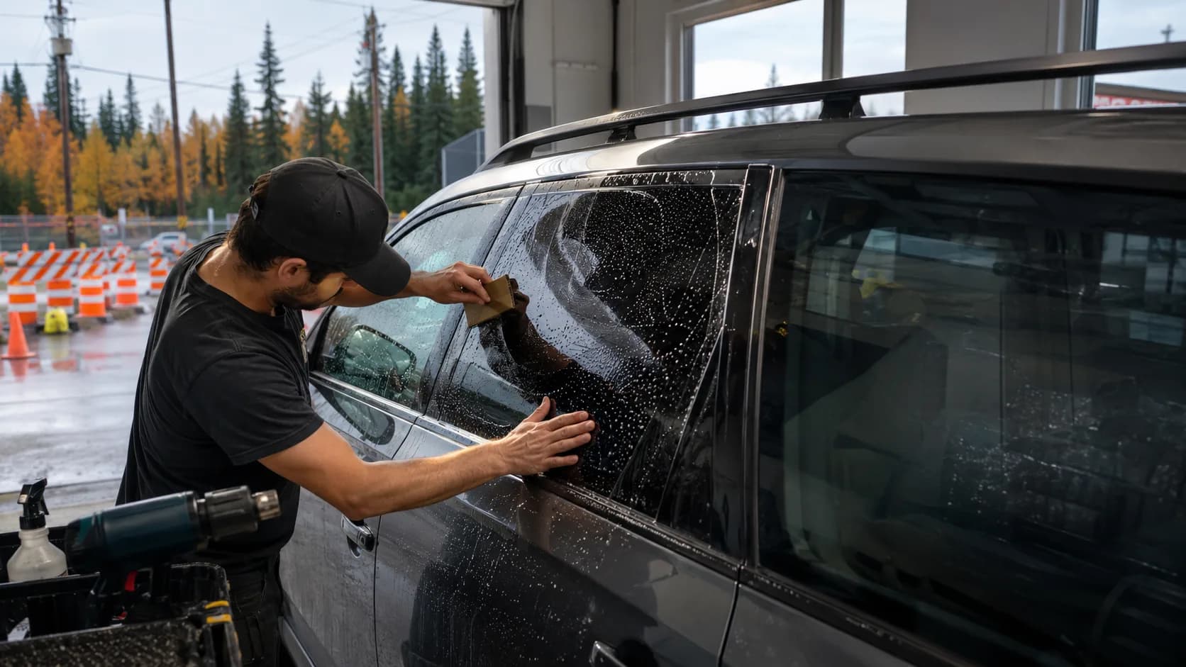 A tinter squeegeeing film onto a window in Canada