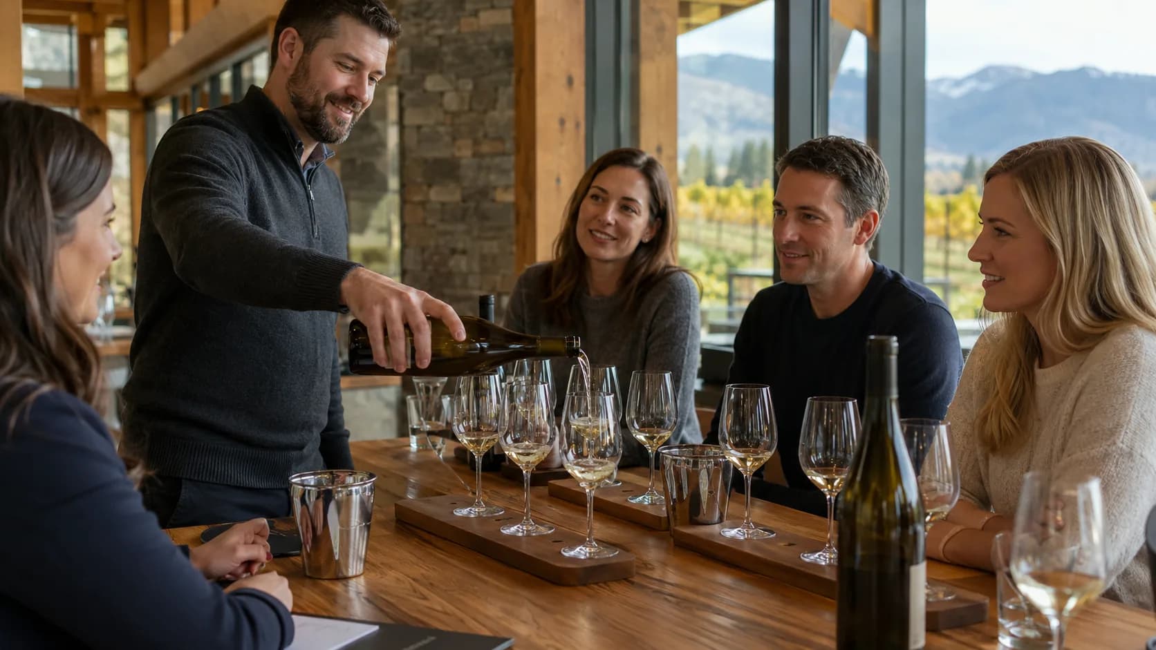 Host pouring a tasting flight inside a modern winery in Canada