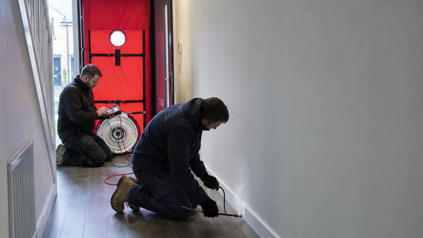 A tester rigging a blower door fan into the front door of a new-build plot in the UK