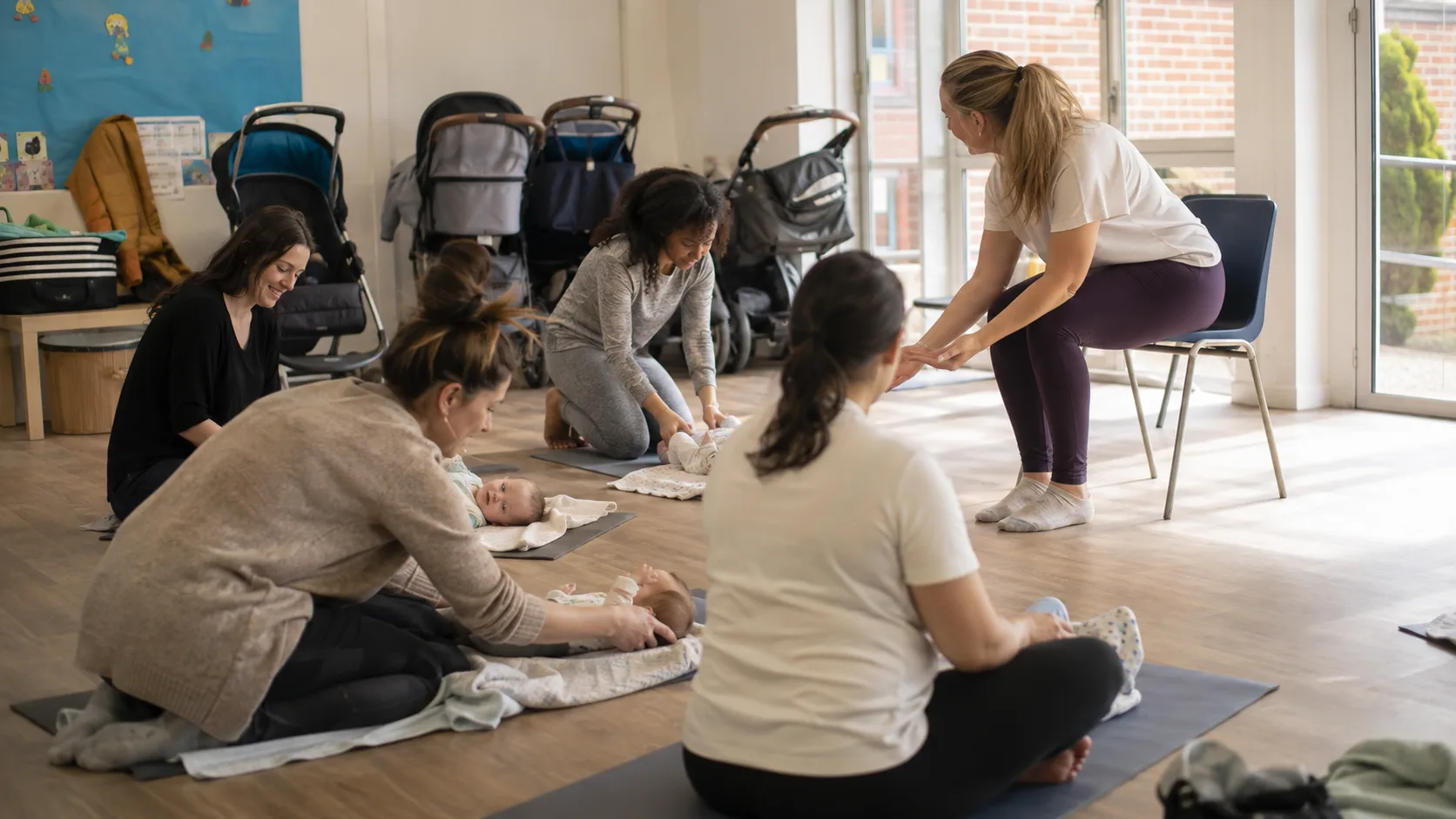 Parents arrive with babies for a pram-friendly antenatal or parent-and-baby class in the UK
