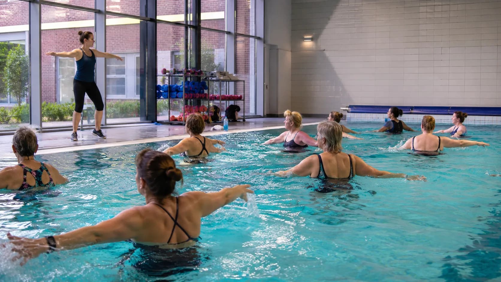 An instructor leads aqua aerobics at a leisure-centre pool in the UK