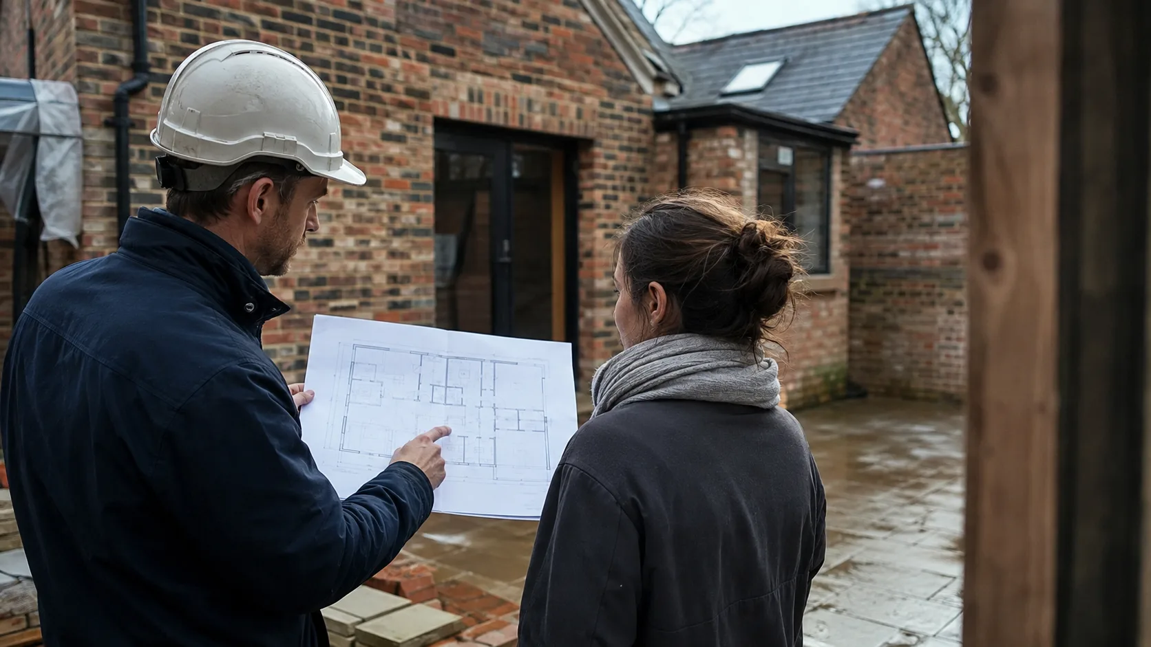 An architect reviews building plans with a client in the UK
