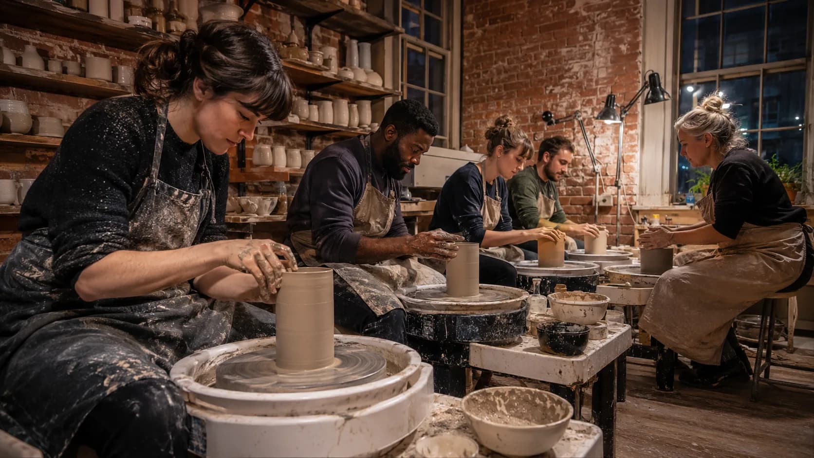 A pottery tutor guides makers during a hands-on studio class in the UK