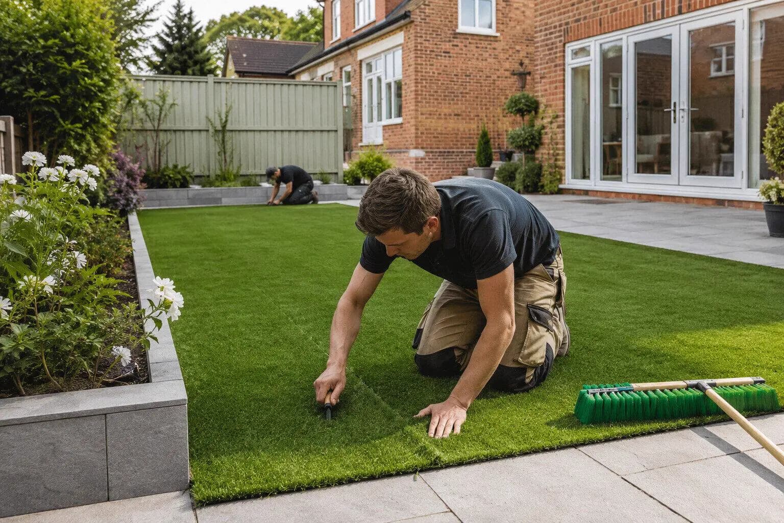 An installer laying a roll of artificial grass over a compacted base in the UK