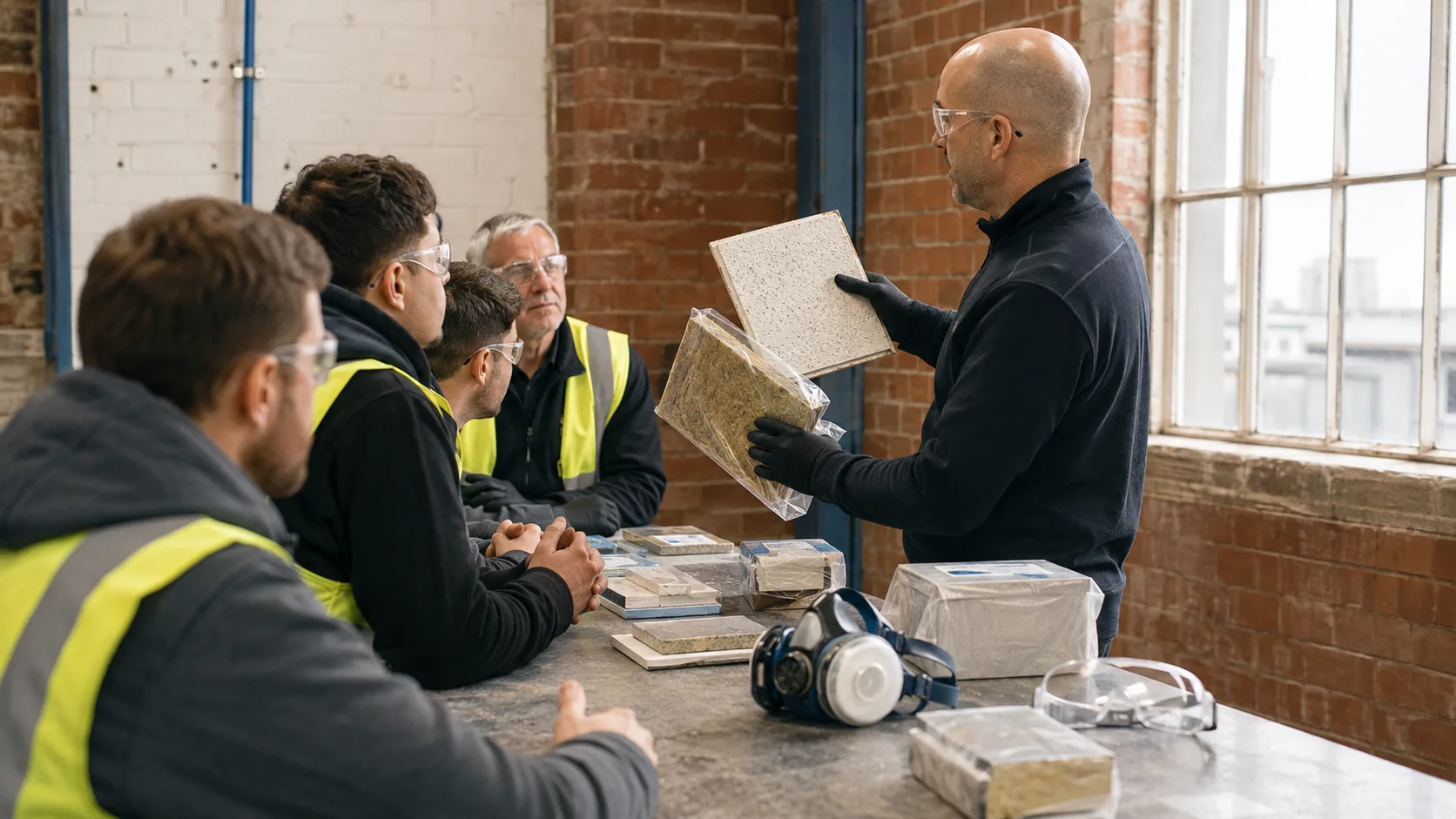 Instructor shows sealed building samples during an asbestos awareness class in the UK