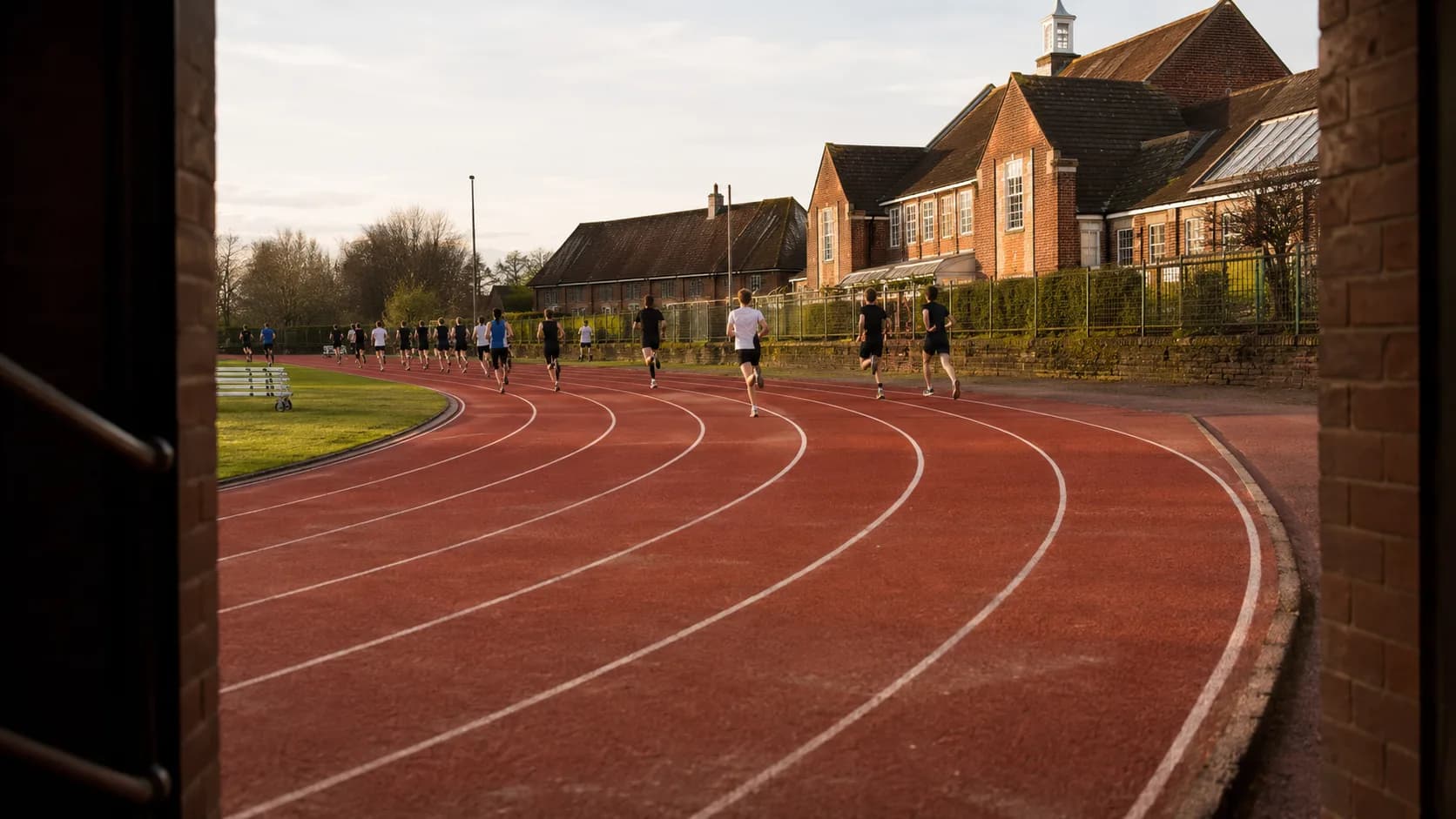 Club athletes train around a bright brick-lined track in the UK