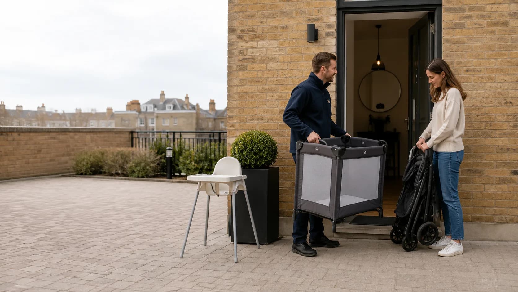 Operator handing over a travel cot outside a apartment in the UK