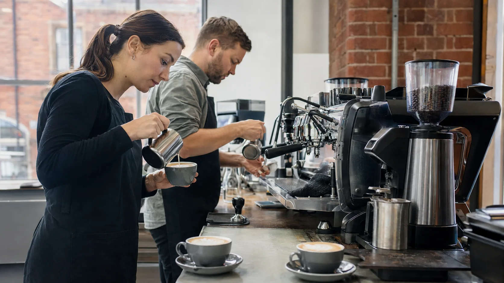 A coffee trainer coaches learners at commercial espresso machines during class in the UK