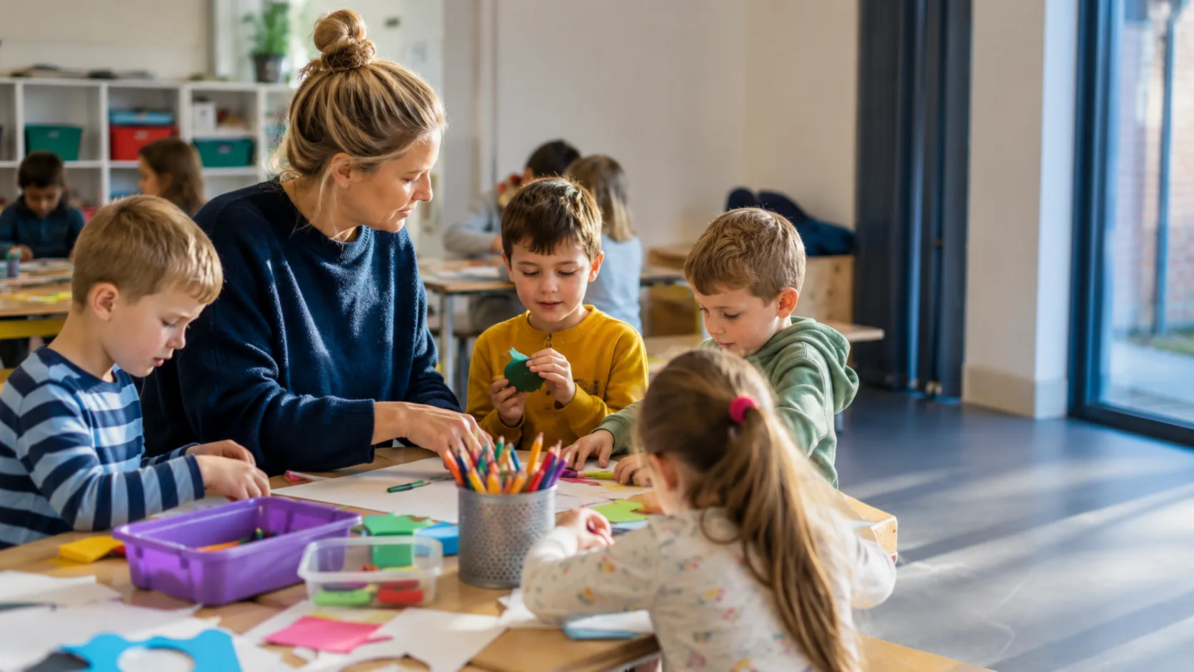 Staff leading a wraparound-care activity in a primary school in the UK