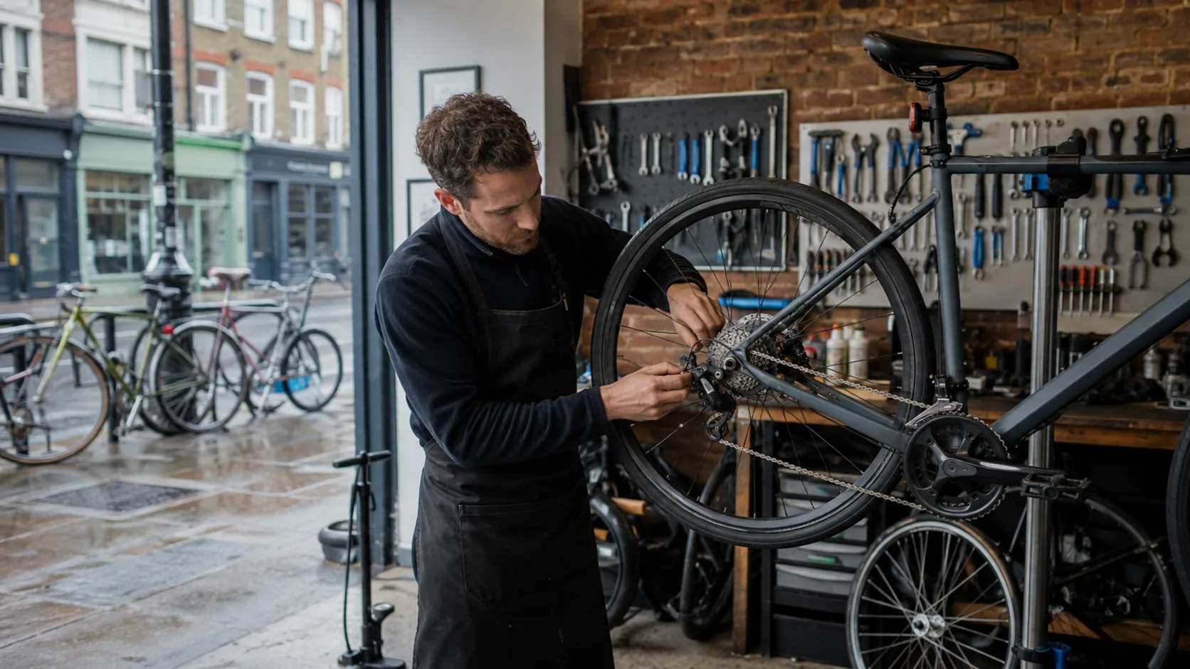 A mechanic working on a bike in a repair stand in a workshop in the UK