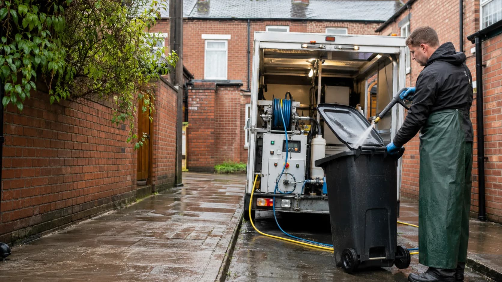 A wheeled bin being cleaned outside a home in the UK