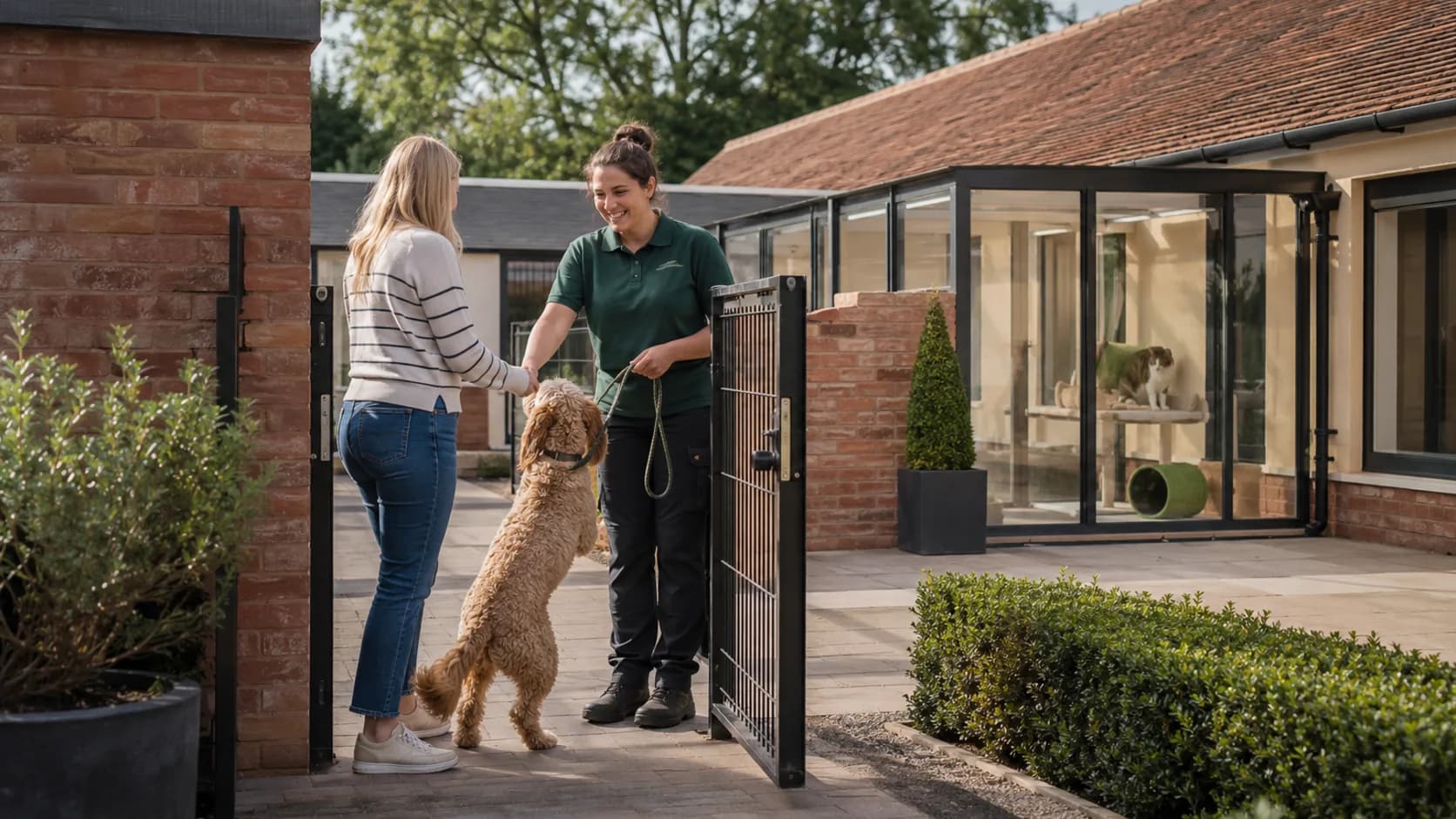 Customers use a busy British kennel run or cat pen beneath clear directional light